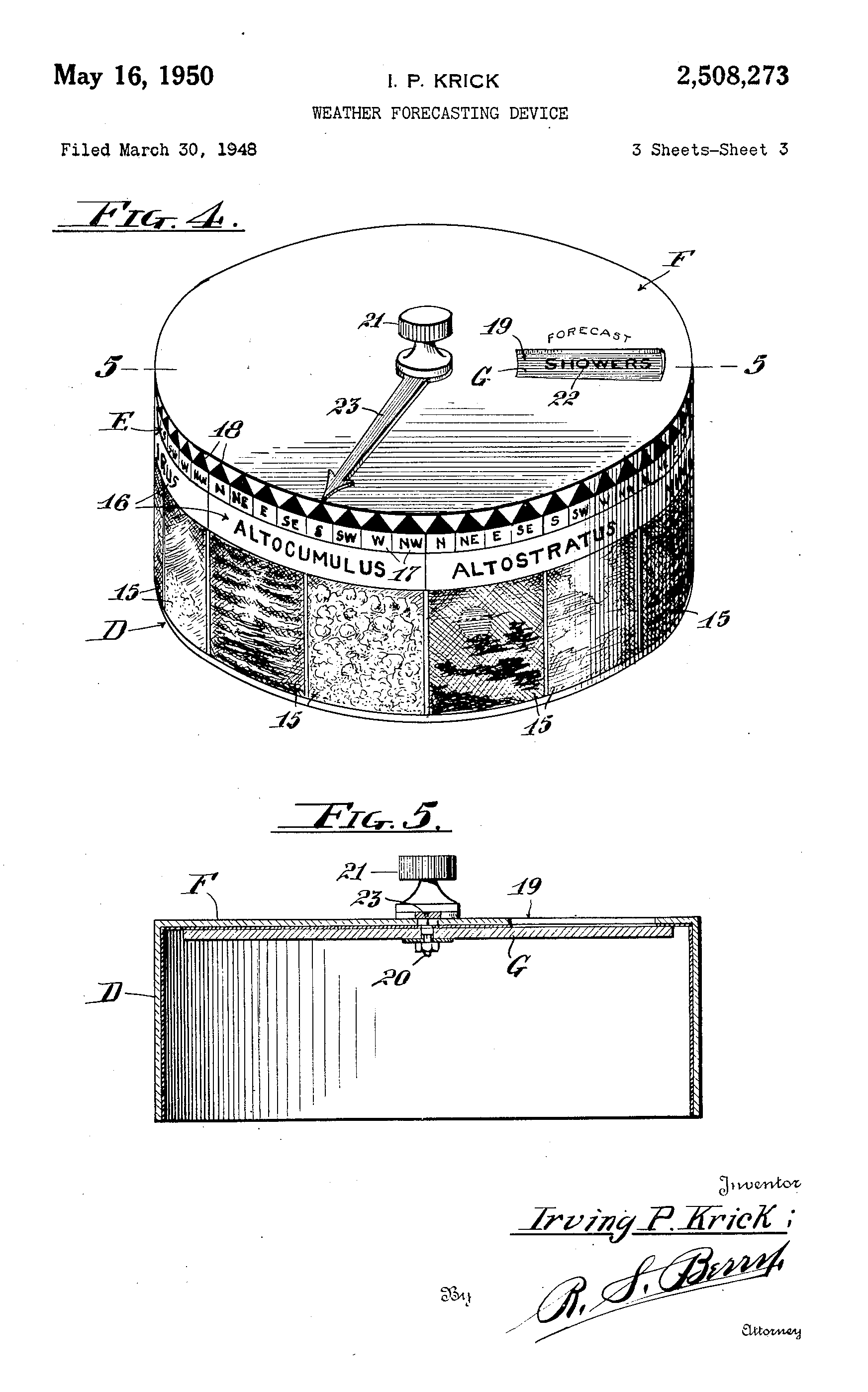 Patent drawing: Weather Forecasting Device, US 2,508,273 (1950)